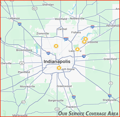 BNC Plumbing service area map showing Indianapolis and surrounding cities including Bargersville, Franklin, Shelbyville, and Martinsville